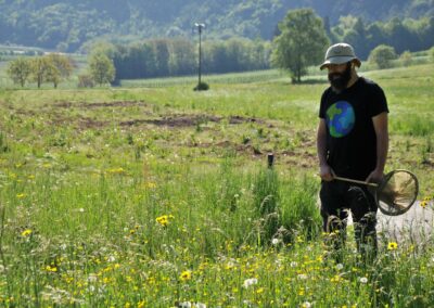 Un operatore con il retino entomologico in un prato fiorito